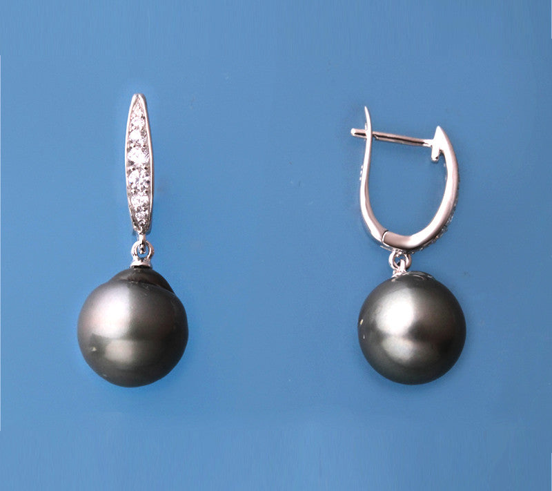 Sterling Silver Earrings with 11-12mm Tahitian Pearl and Cubic Zirconia - Wing Wo Hing Jewelry Group - Pearl Jewelry Manufacturer
