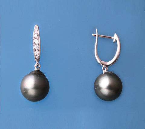 Sterling Silver Earrings with 11-12mm Tahitian Pearl and Cubic Zirconia