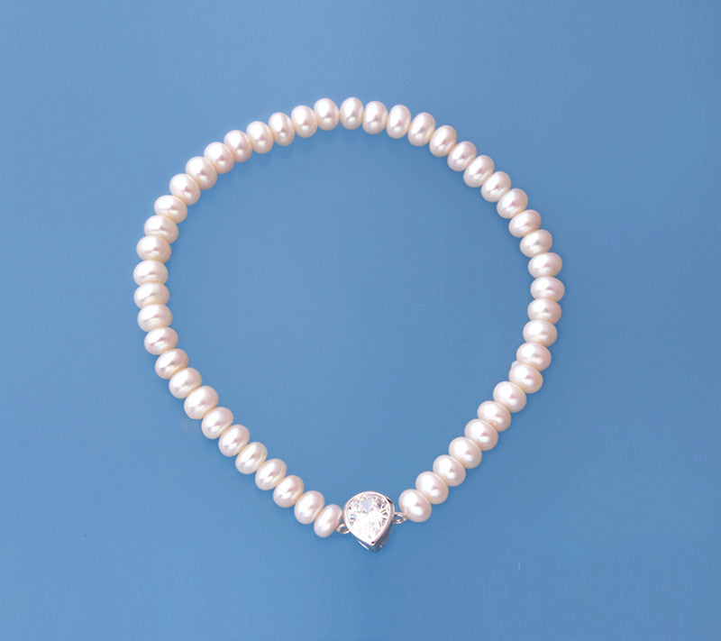 Sterling Silver Bracelet with 5-5.5mm Button Shape Freshwater Pearl and Cubic Zirconia - Wing Wo Hing Jewelry Group - Pearl Jewelry Manufacturer