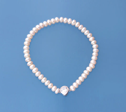 Sterling Silver Bracelet with 5-5.5mm Button Shape Freshwater Pearl and Cubic Zirconia