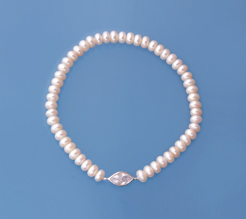 Sterling Silver Bracelet with 5-5.5mm Button Shape Freshwater Pearl and Cubic Zirconia - Wing Wo Hing Jewelry Group - Pearl Jewelry Manufacturer