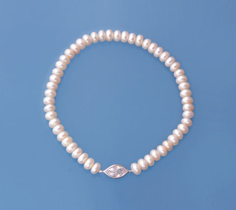 Sterling Silver Bracelet with 5-5.5mm Button Shape Freshwater Pearl and Cubic Zirconia