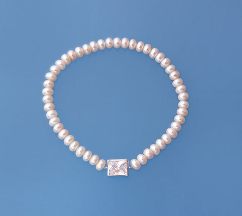 Sterling Silver Bracelet with 5-5.5mm Button Shape Freshwater Pearl and Cubic Zirconia