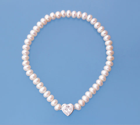Sterling Silver Bracelet with 5-5.5mm Button Shape Freshwater Pearl and Cubic Zirconia