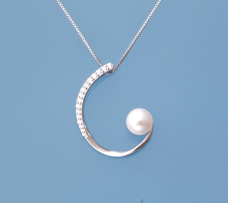 Sterling Silver Pendant with 7.5-8mm Button Shape Freshwater Pearl and Cubic Zirconia - Wing Wo Hing Jewelry Group - Pearl Jewelry Manufacturer