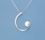 Sterling Silver Pendant with 7.5-8mm Button Shape Freshwater Pearl and Cubic Zirconia - Wing Wo Hing Jewelry Group - Pearl Jewelry Manufacturer