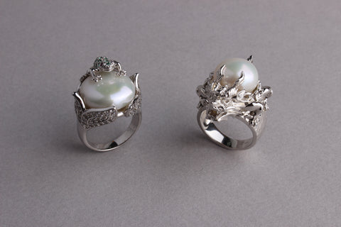 Sterling Silver Ring with 16-16.5mm Coin Shape Freshwater Pearl, Cubic Zirconia and Red Corundum