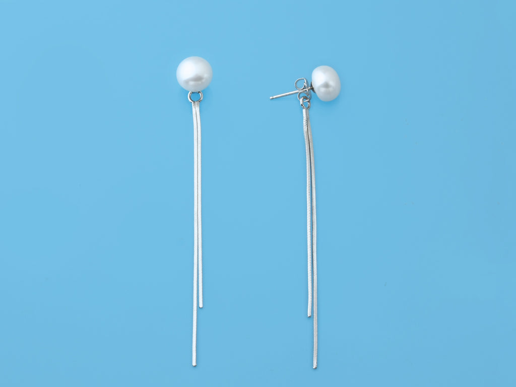 Sterling Silver Front & Back Earrings Tassels with 9-9.5Mm Button Freshwater Pearls, Rhodium Plated