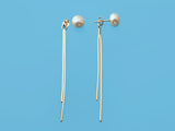 Sterling Silver Front & Back Tassel Earrings with 9-9.5mm Button Natural Color Freshwater Pearls,  Champagne Gold Plated