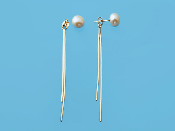 Sterling Silver Front & Back Tassel Earrings with 9-9.5mm Button Natural Color Freshwater Pearls,  Champagne Gold Plated