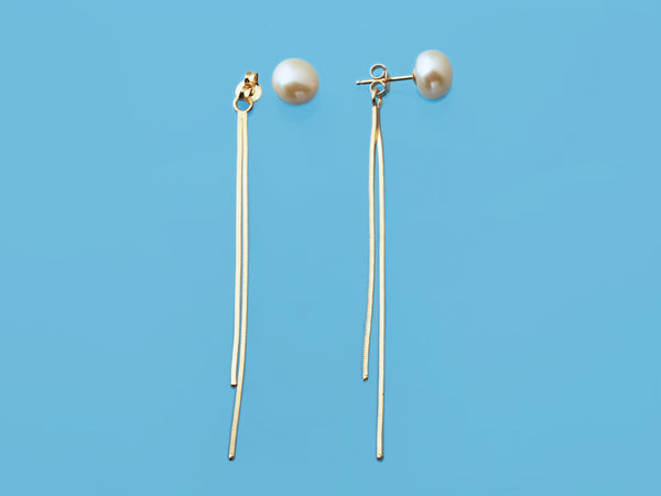 Sterling Silver Front & Back Tassel Earrings with 9-9.5mm Button Natural Color Freshwater Pearls,  Champagne Gold Plated
