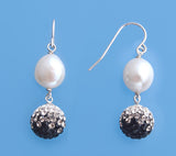 Sterling Silver Earrings with 9-9.5mm Oval Shape Freshwater Pearl and Crystal Ball - Wing Wo Hing Jewelry Group - Pearl Jewelry Manufacturer - 3