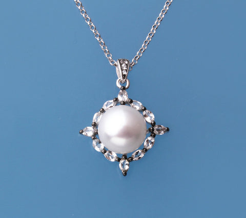 Sterling Silver Pendant with 10-10.5mm Button Shape Freshwater Pearl and White Topaz